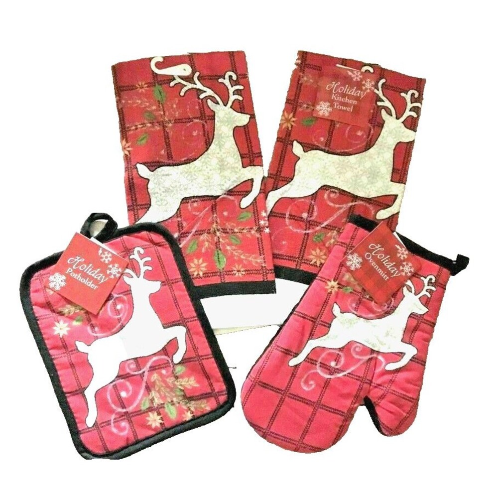 Christmas Reindeer Red Kitchen Dish Towels Potholder Oven Mitt Plaid Set of 4